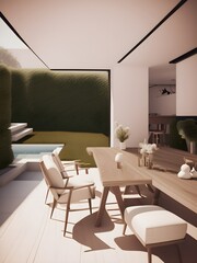 Fototapeta premium Interior of and outdoor terrace with wooden table and chairs