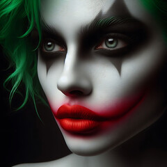 Illustration of a man with vibrant green hair and theatrical makeup, white face paint, and a bold red smile, for themed content, character design, cosplay concepts.Generative AI