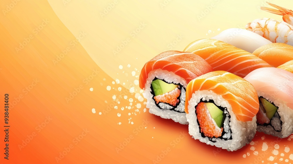 Poster a vibrant vector of a sushi roll with various fish types, on a clean background with room for text.