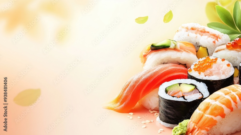 Aufkleber a vibrant vector of a sushi roll with various fish types, on a clean background with room for text.