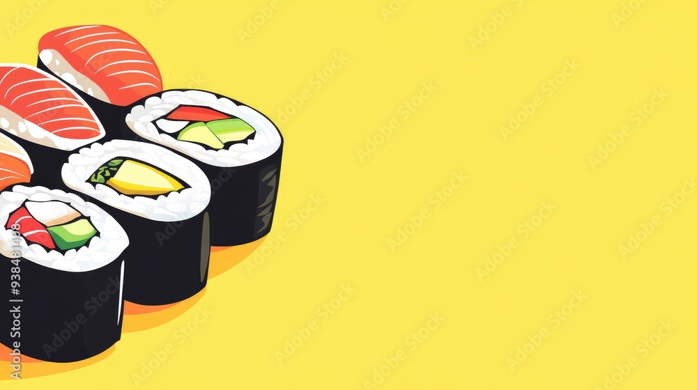 Poster a vibrant vector of a sushi roll with various fish types, on a clean background with room for text.