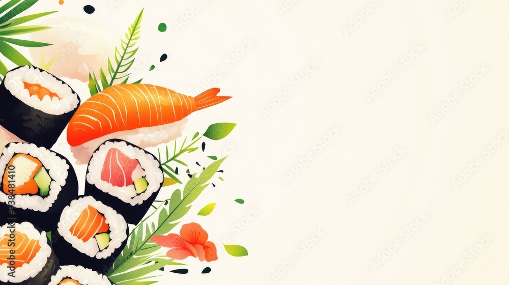 Poster a vibrant vector of a sushi roll with various fish types, on a clean background with room for text.