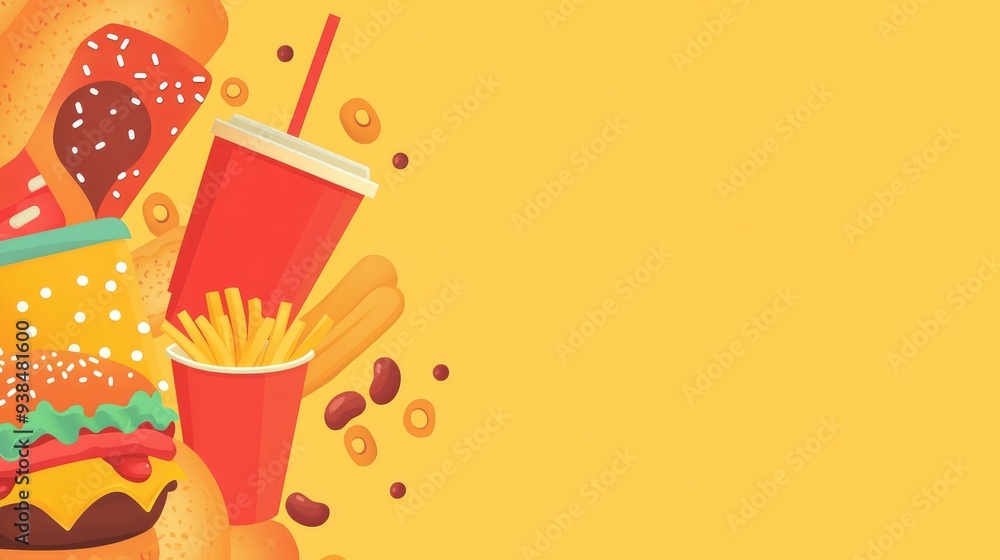 Poster bright and colorful fast food background with ample copy space, highlighting a range of fast food it