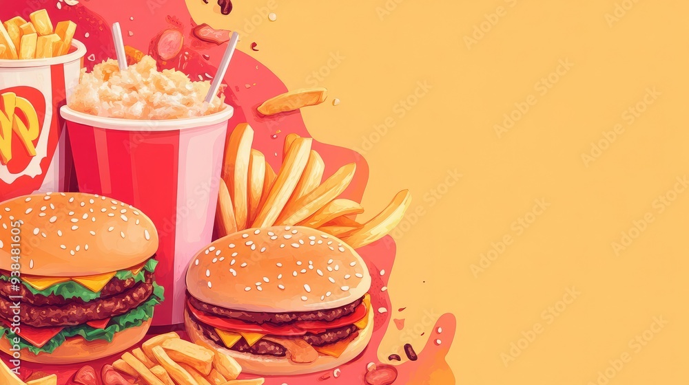 Poster bright and colorful fast food background with ample copy space, highlighting a range of fast food it