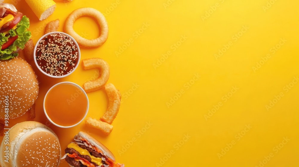 Poster bright and colorful fast food background with ample copy space, highlighting a range of fast food it