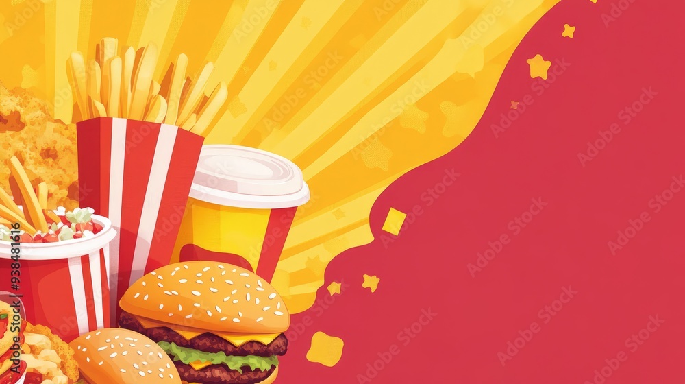 Poster bright and colorful fast food background with ample copy space, highlighting a range of fast food it