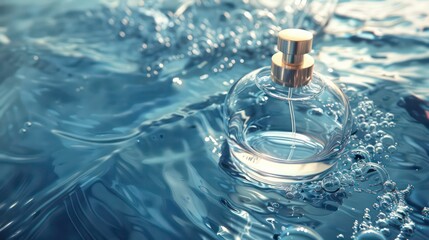 A glass perfume bottle with gold accents sits on a surface of water with bubbles.