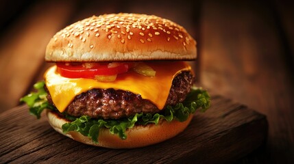 Classic cheeseburger with ample copy space, showcasing a perfectly grilled patty with melted cheese and fresh vegetables.