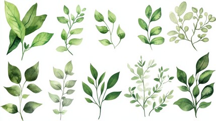 Watercolor illustration of green leaves on white background.