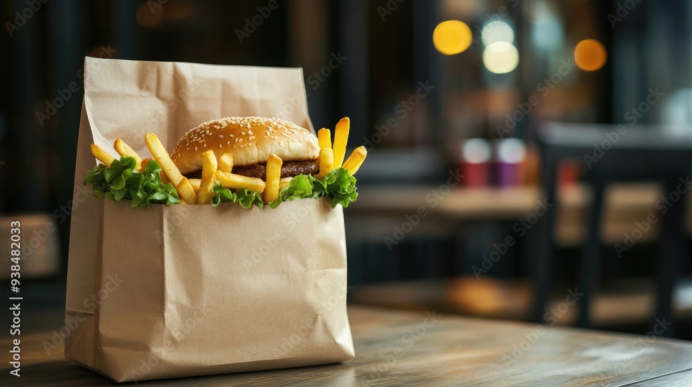 Poster clean fast food bag with copy space, featuring a standard design with room for custom text and brand