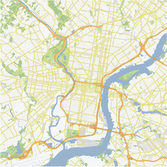 Road map of Philadelphia in Pennsylvania. Contains layered vector with roads water, parks, etc.