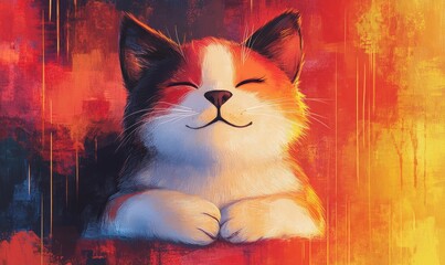 A content cat with closed eyes smiling in a vibrant orange and red abstract background in a cozy indoor setting