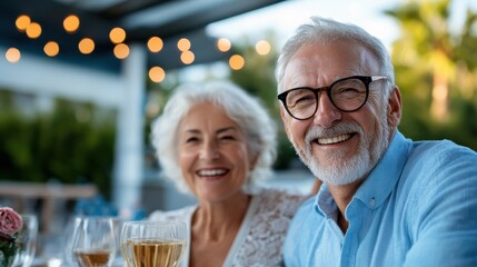 A senior couple smiles happily at the camera while enjoying drinks at an outdoor setting with festive lighting, capturing the essence of love, togetherness, and celebration.