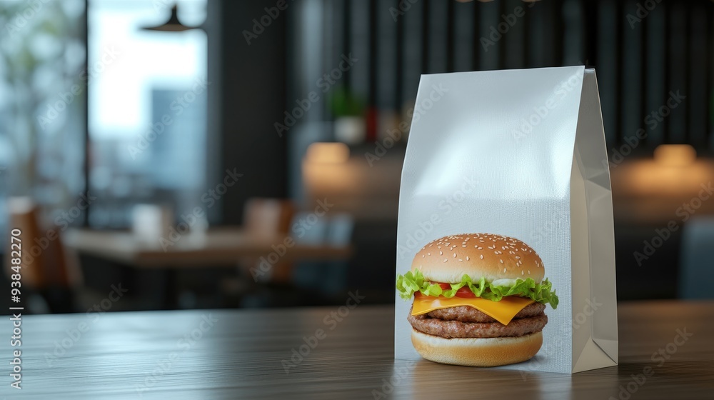 Poster contemporary fast food bag with ample copy space, showcasing a sleek design and space for custom mes