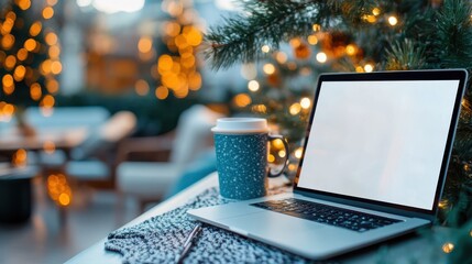 A festive scene featuring a laptop and a coffee cup on a table with a background adorned by a beautifully lit Christmas tree, evoking warmth and holiday spirit in a modern setting.