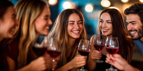 A group of people are laughing and drinking wine together. Scene is happy and social