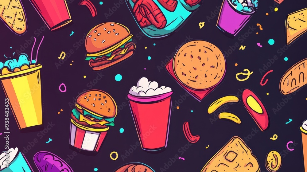 Poster dynamic fast food background with copy space, featuring a mix of popular fast food items and vibrant