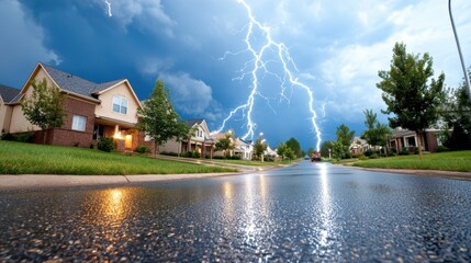 An electrifying photograph of multiple lightning bolts striking in the vicinity of a suburban neighborhood. The street is reflective from recent rain, adding to the dramatic feel of the image.