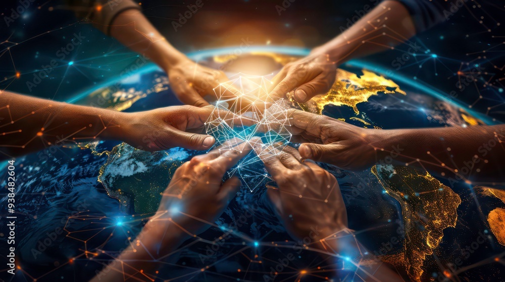 Poster diverse hands reach out towards a glowing network over a globe, symbolizing global connection and un