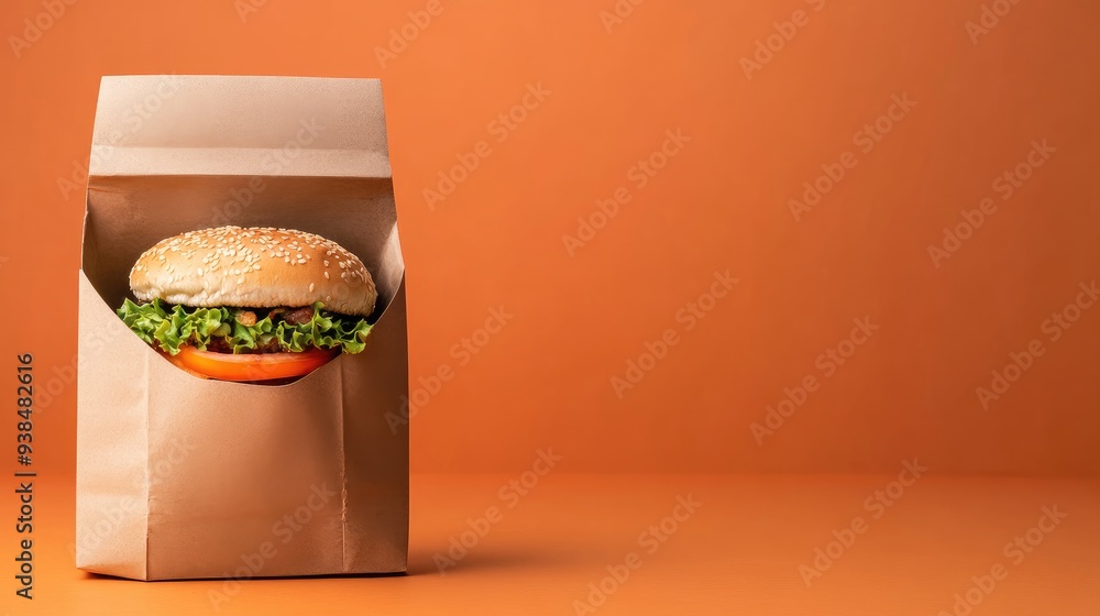 Poster fast food bag with copy space, featuring a typical takeout design with a logo and space for text.