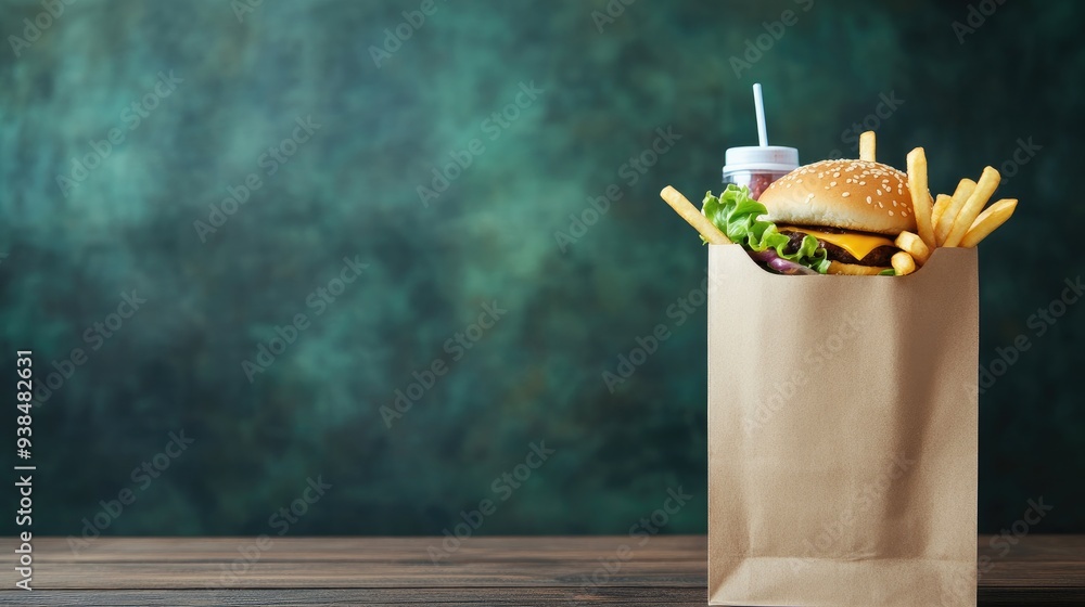 Poster fast food bag with copy space, featuring a typical takeout design with a logo and space for text.