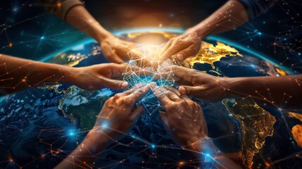 Diverse hands reach out towards a glowing network over a globe, symbolizing global connection and unity.
