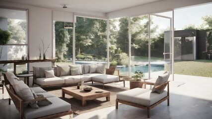 Fototapeta premium Outdoor terrace with white sofa armchair and table