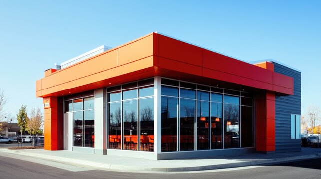 Fast food building exterior with copy space, showcasing a popular fast food chain's architectural style.