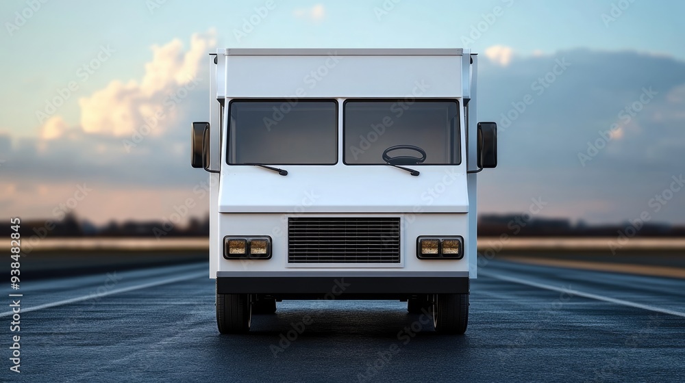 Poster front view of a food truck template on an empty road, with space around for adding text or logos.