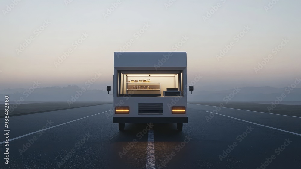 Poster front view of a food truck template on an empty road, with space around for adding text or logos.