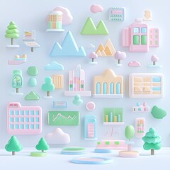 Pastel  D Cityscape with Buildings  Trees  Clouds  and Podiums