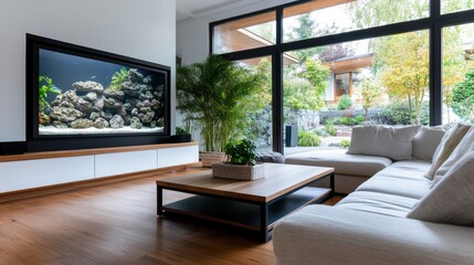Fototapeta premium An indoor aquascape beautifully complements a luxurious sofa in an open living room featuring large windows, minimalist contemporary design, and lush greenery, making an elegant space.