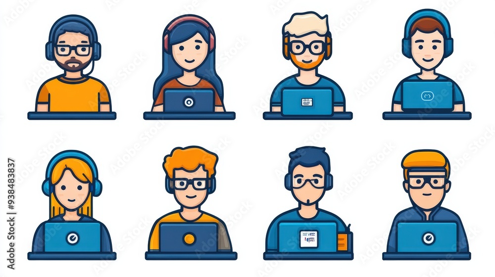 Poster icons of people working in the tech industry, including programmers and it support.