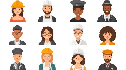 Set of diverse people icons representing various professions on a white background.