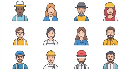 Set of diverse people icons representing various professions on a white background.