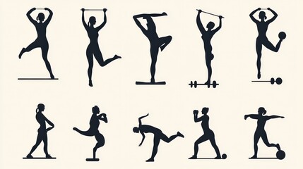 Set of fitness instructor icons demonstrating various exercises.