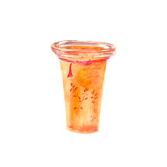 Jar of orange jam. Summer and autumn confiture. Kitchen and home preparations. Cosy. Hand drawn with watercolors. Isolated on a white background. Orange and yellow colors. Herbs of Provence in a jar.