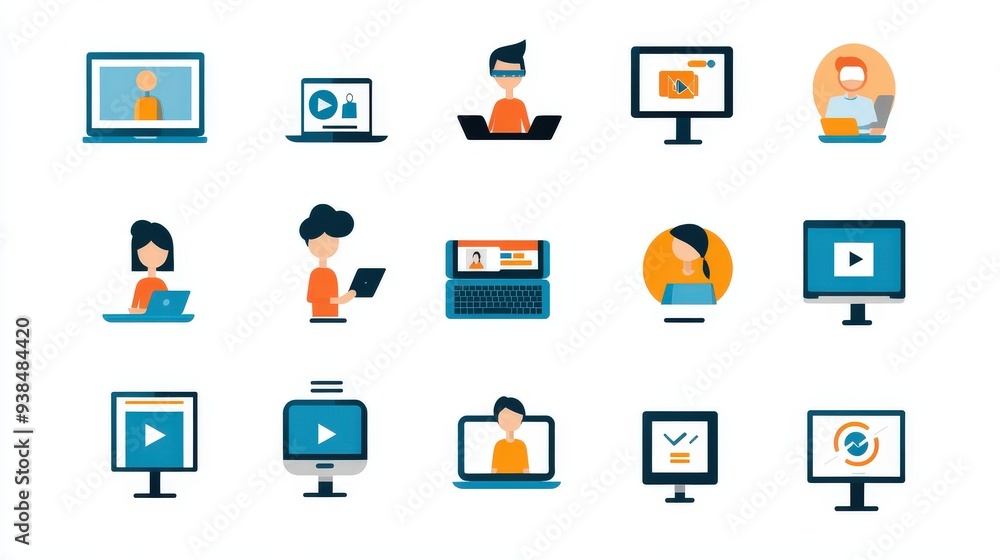 Poster set of icons showing people using technology and digital devices.