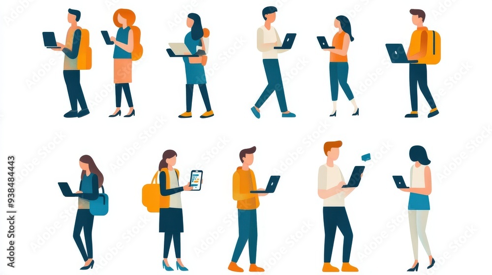 Poster set of icons showing people using technology and digital devices.