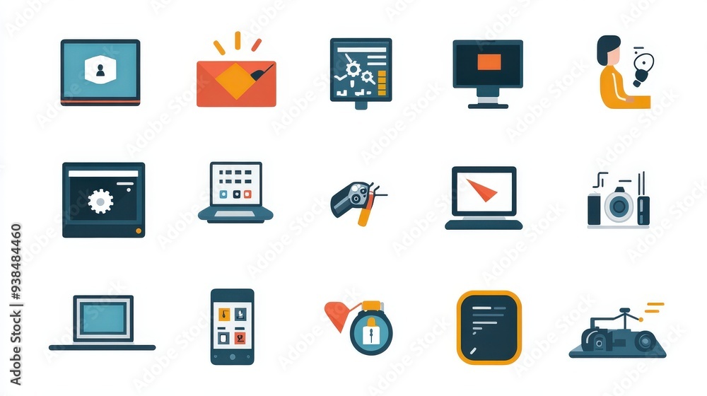 Poster set of icons showing people using technology and digital devices.