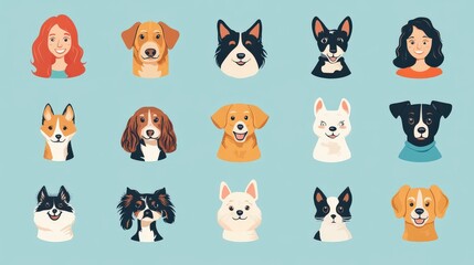 Set of pet owner icons with dogs, cats, and other pets.