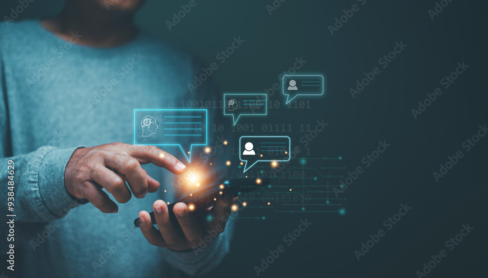 Poster Futuristic technology transformation, Online automation chatbot. Chat with AI or Artificial Intelligence technology, Businessman using smartphone for chatting online with AI or chatbot.