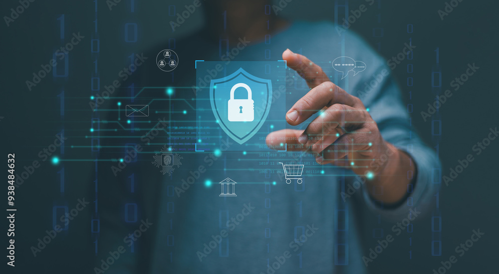 Aufkleber cyber security and data protection, businessman holding shield with padlock icon in hand. privacy bu
