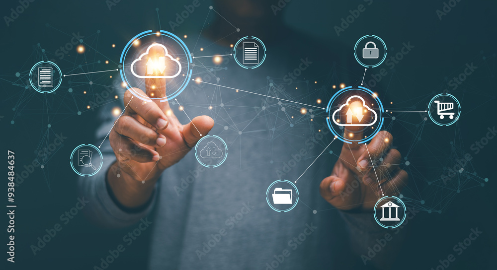 Poster Cloud computing technology concept. Businessman pointing to cloud computing network diagram on virtual screen. Online data storage, Digital data transfer, File backup storage protection.