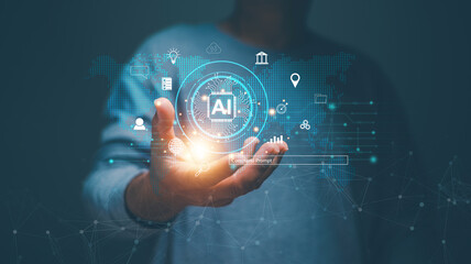 Artificial Intelligence, Futuristic technology transformation, Ai technology, Businessman using technology AI to be assistant in creating information for business. Generate something by AI.
