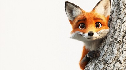 Obraz premium Adorable 3D Cartoon Fox Peeking from Behind Tree - Whimsical Wildlife Character on White Background
