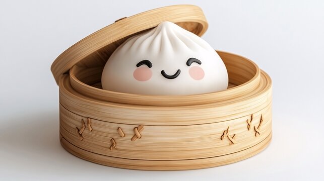 Adorable 3D Cartoon Dumpling with Blushing Cheeks in Bamboo Steamer on White Background