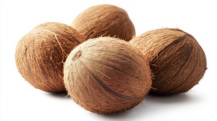 Close-up of four whole coconuts with brown husks on a white background.