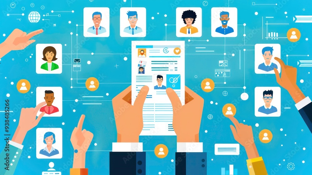 Poster hands reaching out to touch a resume on a digital screen with several profile pictures around it.