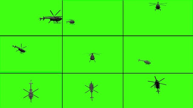 Nine 3D Helicopter leaving the ground and moving in the sky with many angle view animation on chroma key, helicopter take off render on green screen background, 4k utility civilian chopper motion
